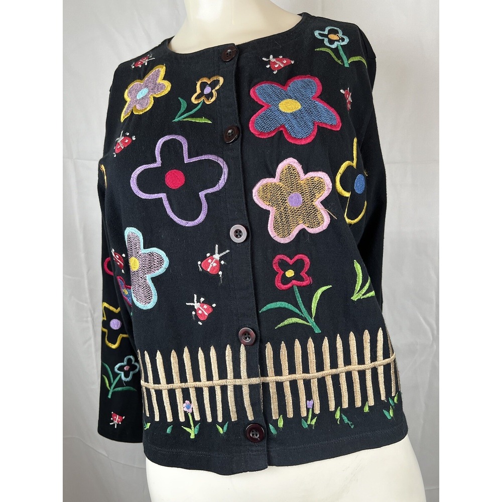 Michael Simon lite Cardigan Sweater Black Flower Floral Picket Fence Lady Bugs M